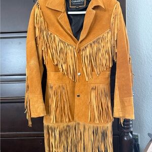 Curvento Suede Fringe Leather Jacket in Tan